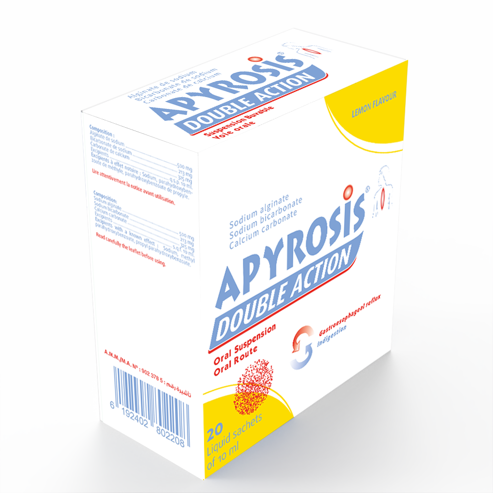APYROSIS DOUBLE ACTION, LEMON FLAVOUR, SUSPENSION BUVABLE BOX OF 20 SACHETS DE 10ML
